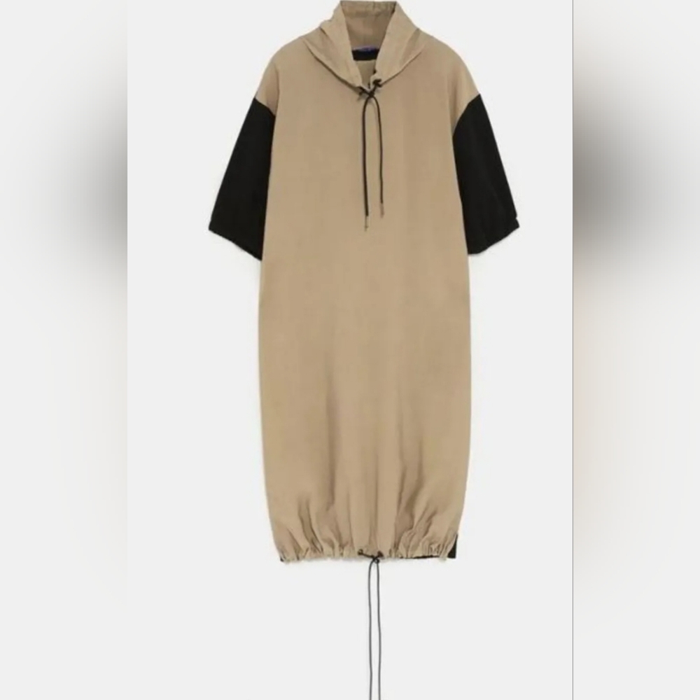 Zara Beige Black Colorblock Midi Shift Dress High Collar Drawstring Medium
